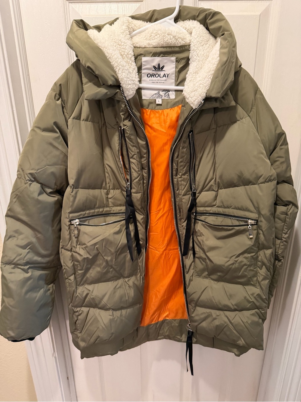 Orolay women’s Olive Green Puffer Jacket with Sherpa Hood